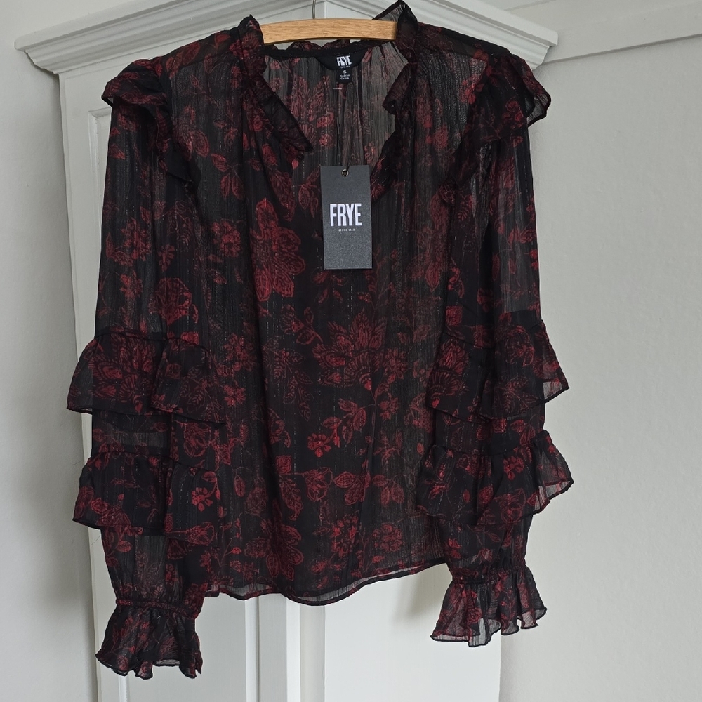 Frye Sheer Black and Red Floral Blouse Size Small